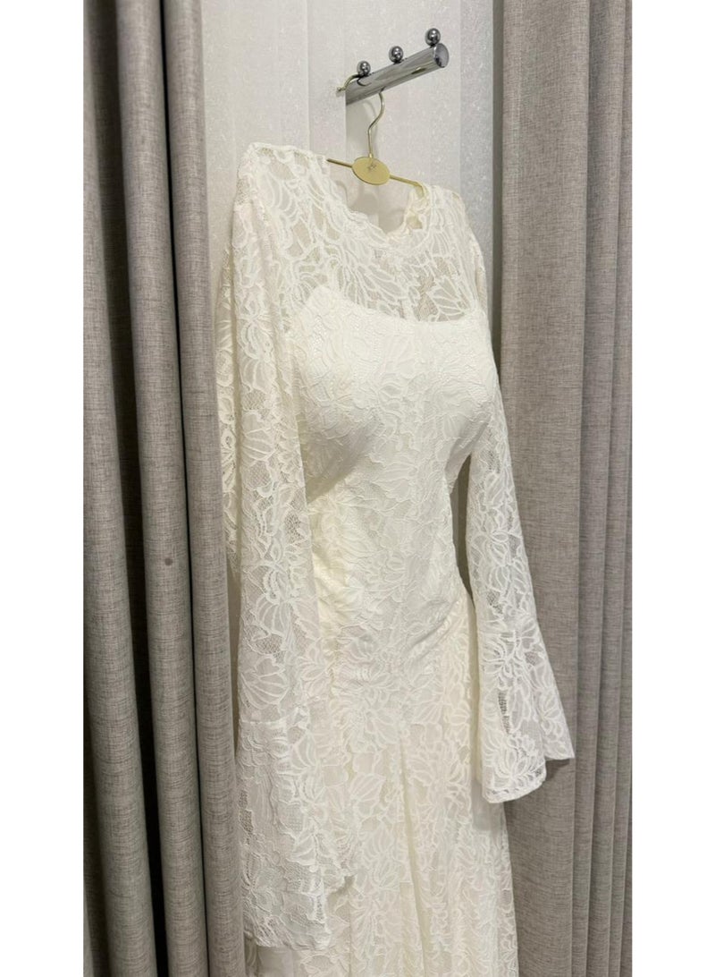 Cutie Premium Floral Lace Evening Dress with Bell Sleeves & Maxi Length - Off-White - Image 5